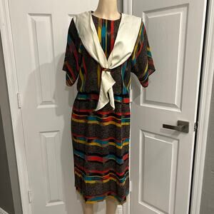 Vintage Artwear Leslie Fay Vintage Midi Dress Size 6 Multicolor Stripe Tie Neck